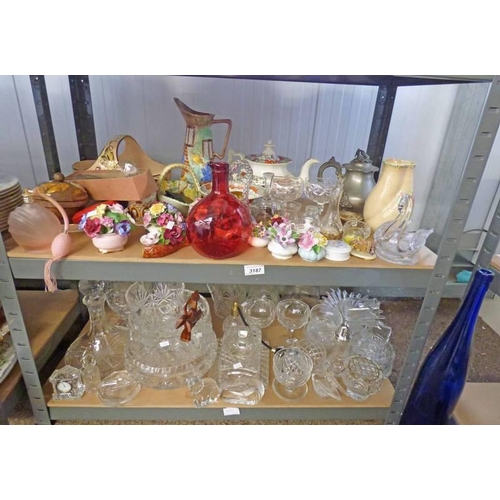 3187 - SELECTION OF PORCELAIN & CRYSTAL INCLUDING DECANTERS, JUGS, DECORATIVE ORNAMENTS AND OTHERS OVER TWO... 