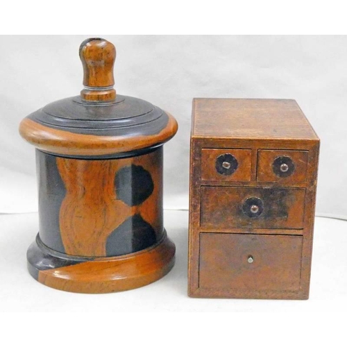 3189 - 19TH CENTURY TREEN MINIATURE CHEST & 19TH CENTURY TREEN CIRCULAR BOX, TALLEST  17CM HIGH