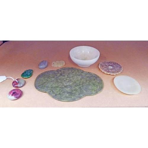 3206 - CHINESE GREEN HARDSTONE PLAQUE, HARDSTONE PENDANTS ETC