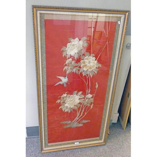 3208 - SILK FRAMED PICTURE WITH FLORAL & AVIAN DECORATION  127 X 67 CM