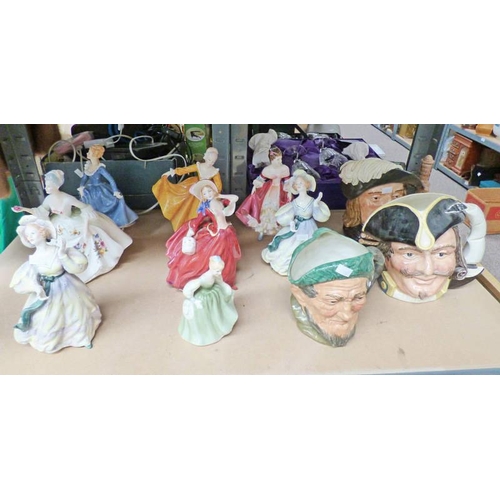 3222 - SELECTION OF ROYAL DOULTON CHARACTER JUGS AND PORCELAIN FIGURES OVER ONE SHELF