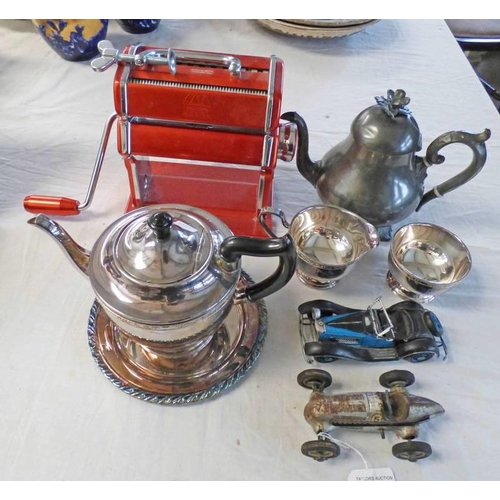 3226 - SCHUCO CLOCKWORK RACING CAR TOGETHER WITH SILVER PLATE TEA SET AND OTHERS ETC