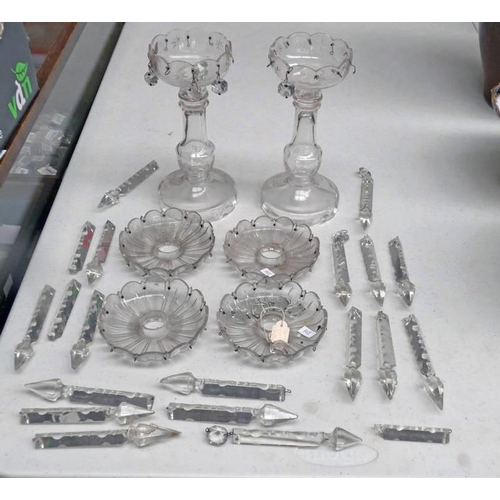 3248 - GOOD SELECTION OF CUT GLASS CHANDELIER DROPS, 2 GLASS GIRONDELLES & 4 CIRCULAR HOLDERS