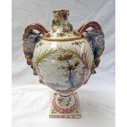 3250 - FRENCH FAIENCE PORCELAIN VASE WITH PAINTED PARCELS & TWIN BACCHUS MASK HANDLES ON SQUARE BASE WITH L... 