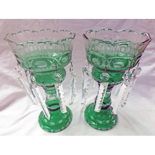 3252 - PAIR GREEN FLASHED GLASS TABLE LUSTRES WITH FACETED GLASS DROPS  - 32 CM TALL