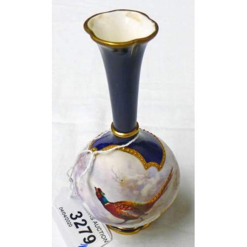 3279 - ROYAL WORCESTER GRAINGER & CO BOTTLE VASE WITH PAINTED PHEASANT & GILT DECORATION.  HEIGHT  13.5 CM