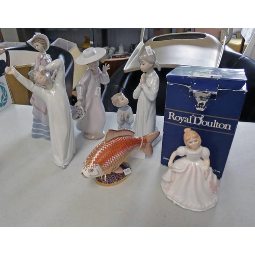 3281 - ROYAL CROWN DERBY FISH PAPERWEIGHT, 3 LLADRO FIGURES, ROYAL DOULTON FIGURE, ETC