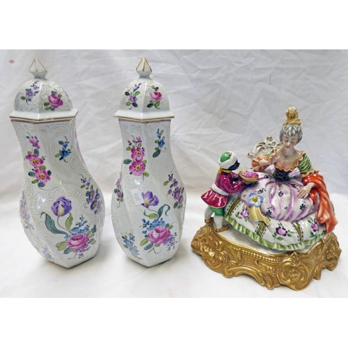 3291 - PAIR OF CONTINENTAL PORCELAIN LIDDED VASES WITH CROSS SWORDS MARK & PORCELAIN FIGURE GROUP WITH CROS... 