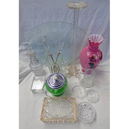 3292 - CUT GLASS LIDDED BOX LENGTH 18CM, CUT GLASS STAND, PAIR OF SILVER PLATED SERVERS WITH CUT GLASS HAND... 