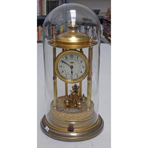 3295 - DANISH GILT MANTLE CLOCK WITH GLASS DOME - 43 CM TALL