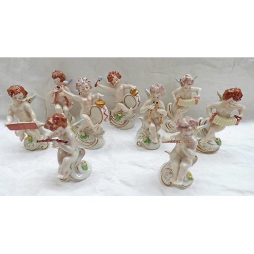 3301 - 9 19TH CENTURY CONTINENTAL PORCELAIN MUSICAL CHERUB FIGURES, TALLEST 11.5CM