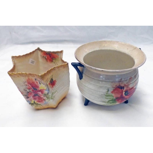 3302 - NAUTILUS PORCELAIN 3 LEGGED POT MARKED NAUTILUS & POSSIL POTTERY, & NAUTILUS PORCELAIN FLORAL DECORA... 