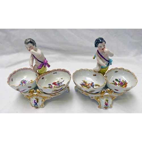 3304 - PAIR OF LATE 19TH CENTURY BERLIN PORCELAIN SALTS, THE TWIN BOWLS DECORATED WITH BIRDS & BOTH SURMOUN... 