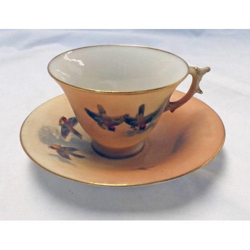 3310 - ROYAL WORCESTER CUP AND SAUCER WITH AVIAN DECORATION