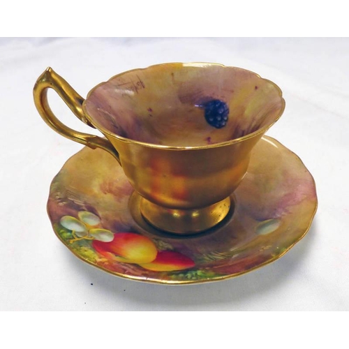 3329 - ROYAL WORCESTER CUP & SAUCER WITH FRUIT DECORATION & SIGNED M AYRTON ON SAUCER & J G MASSLEY ON CUP