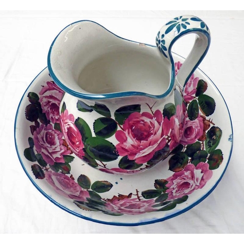 3331 - WEMYSS WARE EWER & BASIN DECORATED WITH ROSES, SIGNED WEMYSS T. GOODE & CO IN GREEN TO BASE.