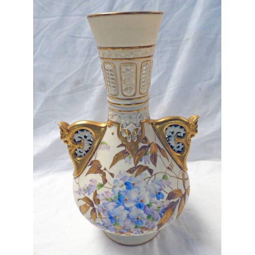 3343 - ROYAL WORCESTER VASE WITH PURPLE FLOWERS & GILDED MOUNTS WITH PIERCED WORK DECORATION - 31CM TALL