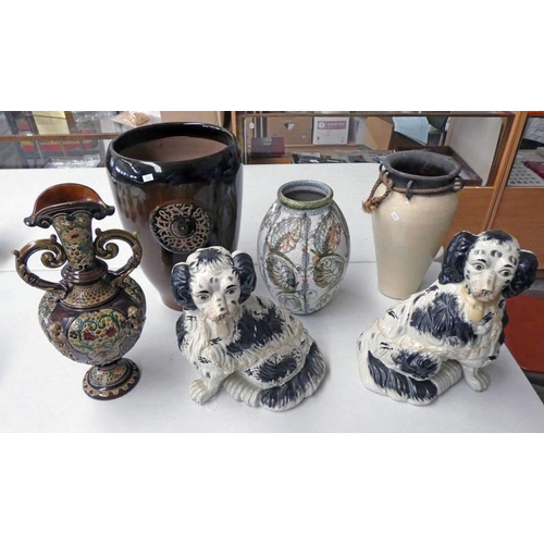 3346 - DENBY POTTERY VASE 32CM, ART POTTERY VASE 41CM, LARGE PAIR OF PORCELAIN DOGS 33CM HIGH CONTINENTAL P... 