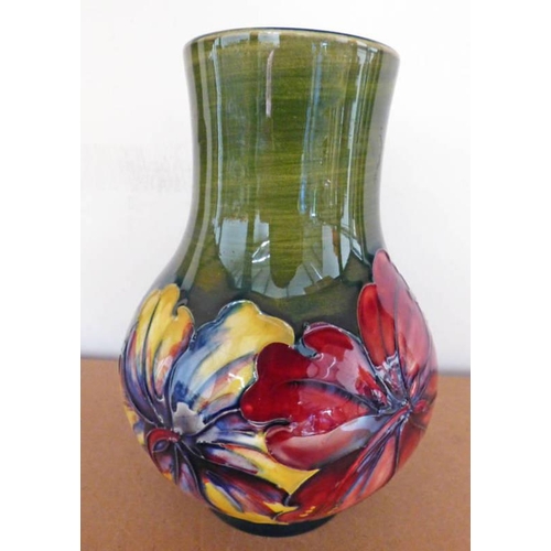 3355 - MOORCROFT VASE DECORATED WITH FLOWERS, WITH IMPRESSED SIGNATURE & MONOGRAM WM, 17CM TALL