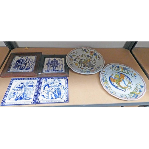 3375 - PAIR OF DELFT POTTERY DISHES & MONOGRAM TO REAR, 25CMDIAMETER AND 4 DECORATIVE PLAQUES TO INCLUDE 'T... 