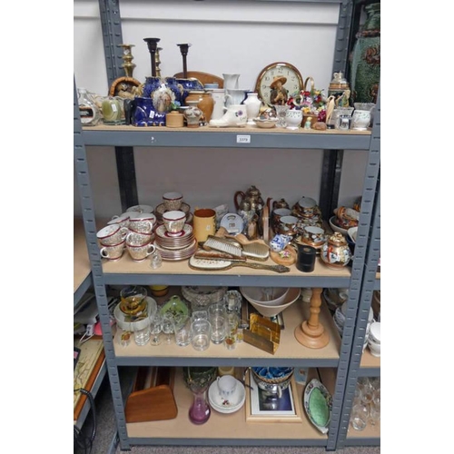 3379 - LARGE SELECTION OF PORCELAIN ETC, INCLUDING ORIENTAL TEASET, MANTLE CLOCK VASES, BOOK REST, GLASSES ... 