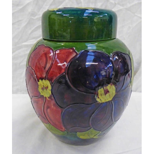 3382 - MOORCROFT ANEMONE LIDDED GINGER JAR, SIGNED IN GREEN WITH PAPER LABEL TO BASE - 21 CM TALL