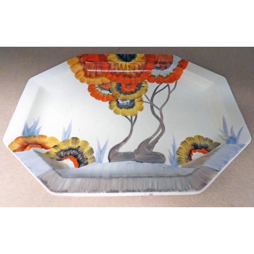 3385 - CLARICE CLIFF OCTAGONAL DISH DECORATED WITH FLOWERS, SIGNED, 25 X 18.5 CM