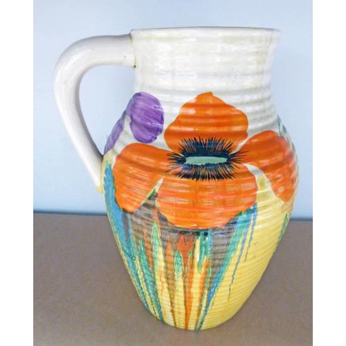 3397 - CLARICE CLIFF DELECIA JUG DECORATED WITH FLOWERS, 29CM HIGH