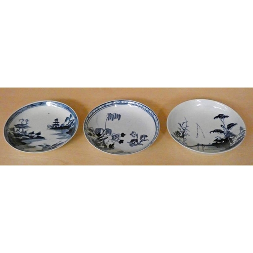 3404 - 3 MID-LATE 18TH CENTURY BLUE & WHITE LIVERPOOL PORCELAIN SAUCERS - WIDEST 12.5CM