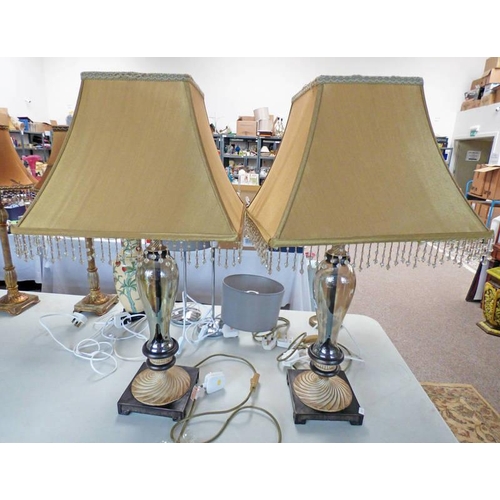 3406 - PAIR OF GLASS BODIED TABLE LAMPS ON SQUARE PLINTH BASES, 75CM HIGH