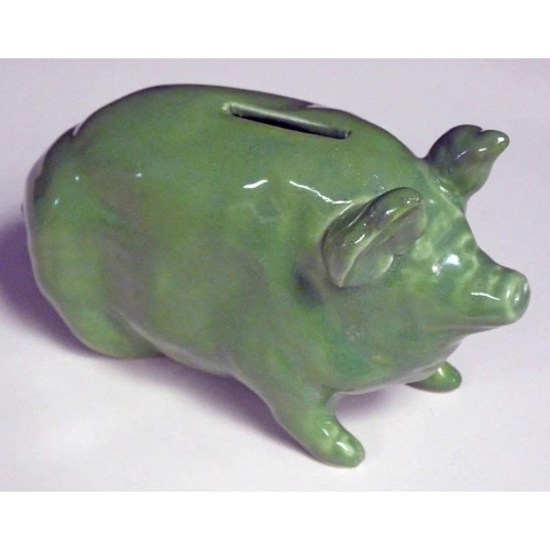 3407 - WEMYSS WARE GREEN POTTERY MONEY BANK PIG - 16 CM LONG