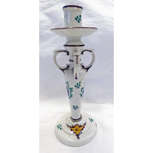 3415 - WEMYSS WARE TURKEY PATTERN CANDLESTICK WITH 4 RING HANDLES, IMPRESSED MARK TO BASE - 24 CM TALL