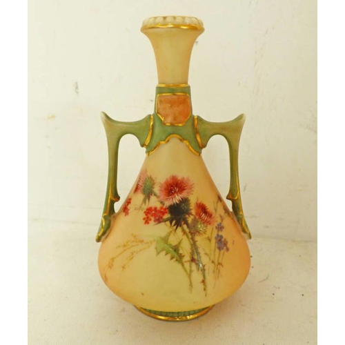 3427 - ROYAL WORCESTER BLUSH IVORY 2 HANDLED VASE DECORATED WITH THISTLES  10 CM TALL