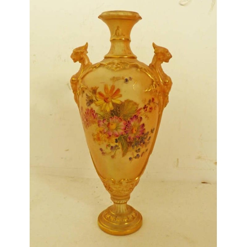 3430 - ROYAL WORCESTER TWIN HANDLED VASE WITH FLORAL AND GILT DECORATION.  HEIGHT 16CM