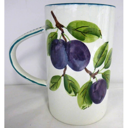 3432 - WEMYSS WARE TANKARD DECORATED WITH PLUMS SIGNED IN GREEN TO BASE - 16.5CM TALL