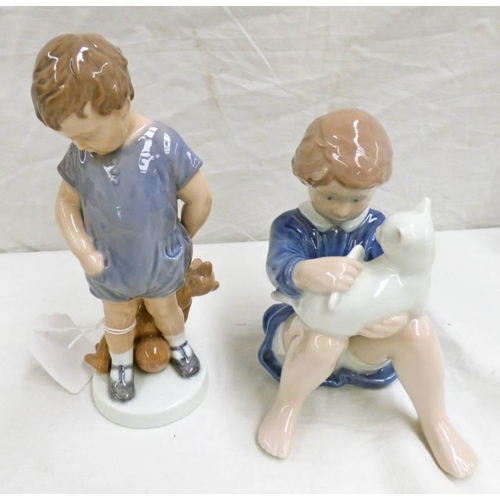 3450 - TWO ROYAL COPENHAGEN PORCELAIN FIGURES: A BOY WITH CAT & A BOY WITH TEDDY BEAR