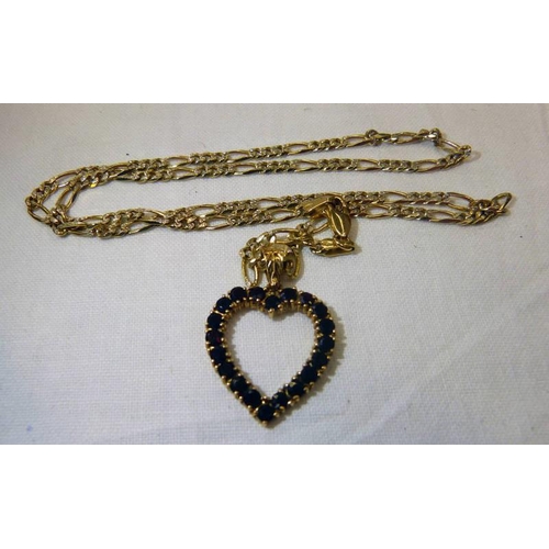 38 - SAPPHIRE SET HEART PENDANT MARKED 750 ON CHAIN MARKED 750  TOTAL WEIGHT 12 GRAMS