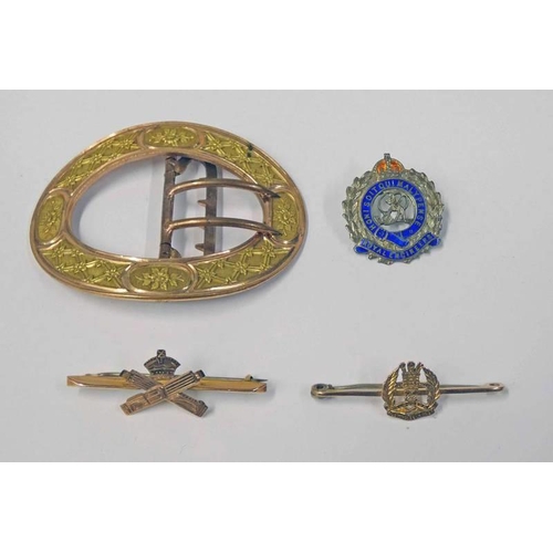 403 - OVAL 19TH CENTURY GILDED BUCKLE WITH FLORAL DECORATION, ROYAL ENGINEERS SWEET HEART BROOCH MARKED SI... 