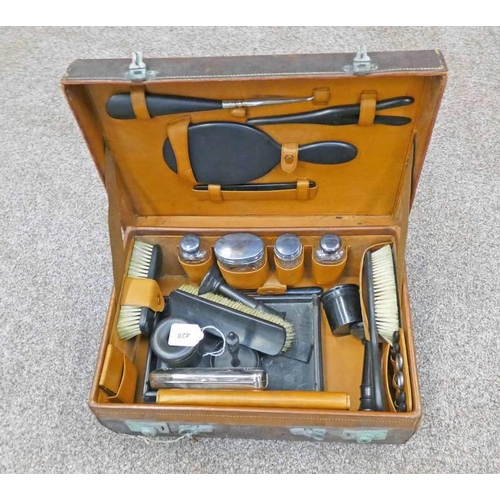 428 - LEATHER CASED DRESSING SET WITH 4 SILVER TOPPED BOTTLES & VARIOUS HARDWOOD FITTINGS