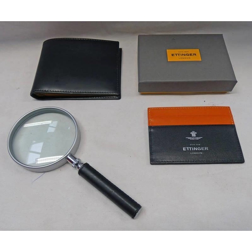 5 - LEATHER HANDLED MAGNIFYING GLASS, ETTINGER CARD CASE & WALLET