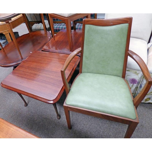 5023 - PAIR OF MAHOGANY TABLES, TEAK ARMCHAIR, TEAK DRESSING TABLE STOOL, GALLERIED TABLE, ETC