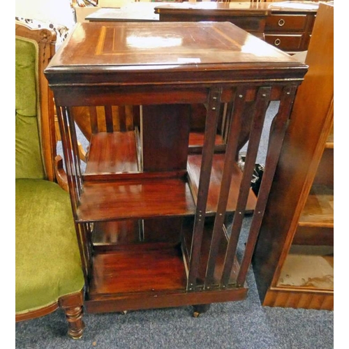 5055 - EARLY 20TH CENTURY MAHOGANY REVOLVING BOOKCASE WITH INLAID BOXWOOD DECORATION