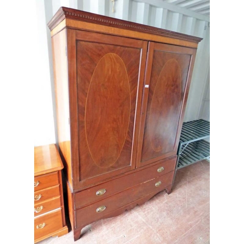 5123 - 19TH CENTURY INLAID MAHOGANY WARDROBE WITH 2 PANEL DOORS OVER 2 LONG DRAWERS ON BRACKET SUPPORTS 195... 