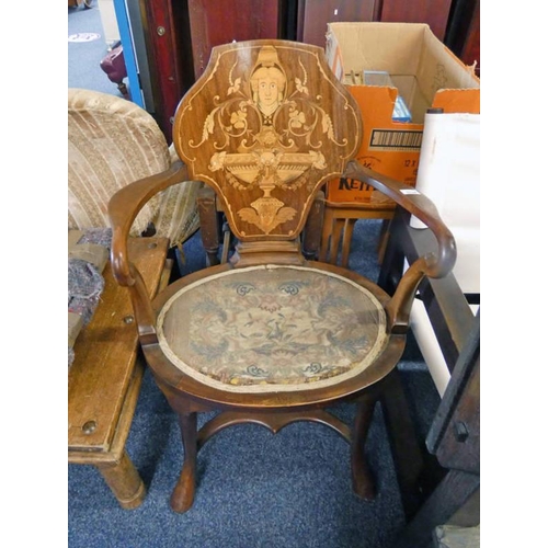 5124 - 19TH CENTURY MAHOGANY OPEN ARMCHAIR ON SHAPED SUPPORTS WITH DECORATIVE INLAID PANEL BACK