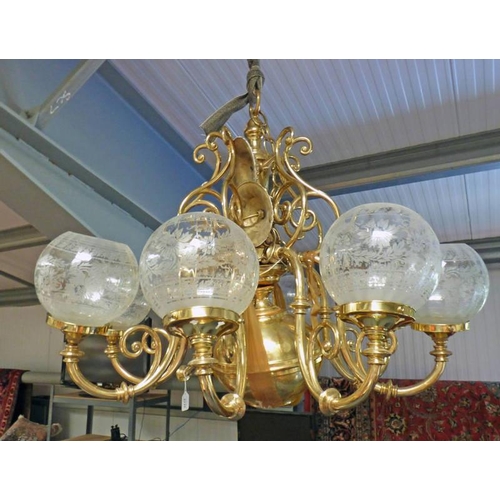 5125 - 20TH CENTURY BRASS CHANDELIER WITH 8 BRANCHES & GLASS SHADES 161CM TALL INCLUDING CHAIN