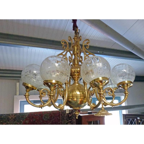 5126 - 20TH CENTURY BRASS CHANDELIER WITH 8 BRANCHES & GLASS SHADES 161CM TALL INCLUDING CHAIN