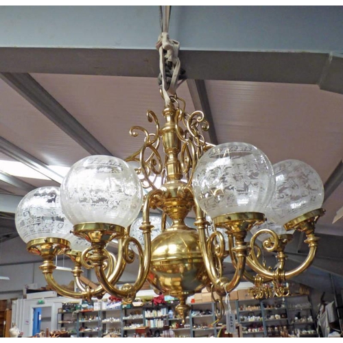 5129 - 20TH CENTURY BRASS CHANDELIER WITH 8 BRANCHES & GLASS SHADES 161CM TALL INCLUDING CHAIN