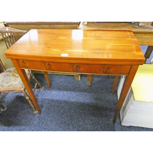 5130 - YEW WOOD TURNOVER TEA TABLE ON SQUARE SUPPORTS, HEIGHT 74CM