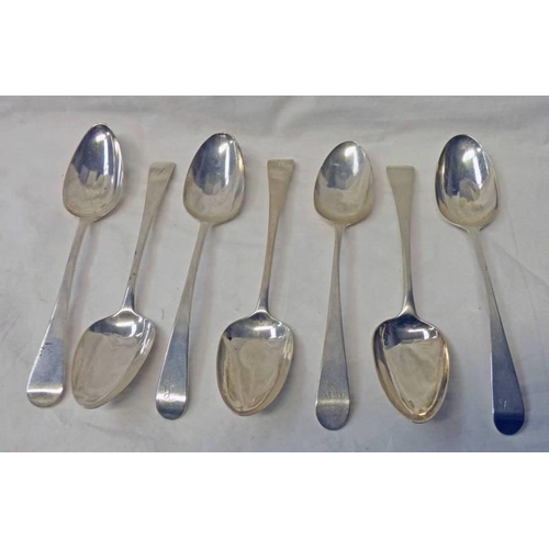 516 - 7 SILVER SERVING TABLE SPOONS, ALL LONDON FROM VARIOUS DATES & MAKERS - TOTAL WEIGHT 12OZ