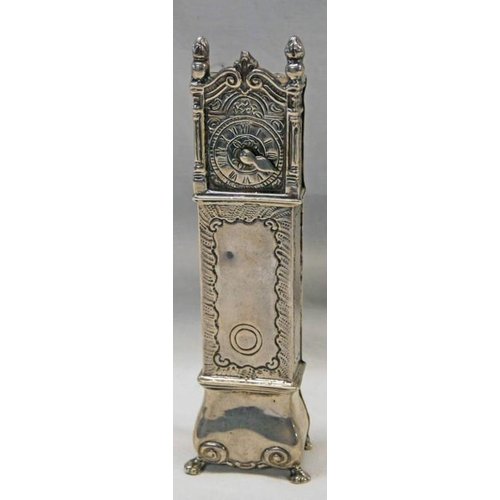 518 - MINIATURE SILVER LONG CASE CLOCK BOX 11CMS